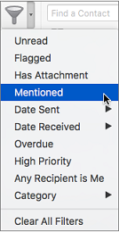 Use Mentioned on the Filter Email menu to search for emails where youre @mentioned