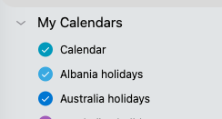 Calendar folder list in sidebar in new outlook.