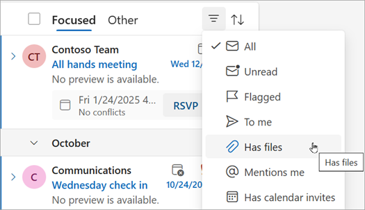Select has files to find all messages with attachments.