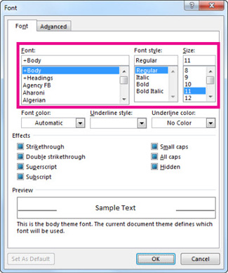 Font, font style, and size options in the Font dialog box