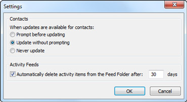 Outlook Social Connector Settings dialog box