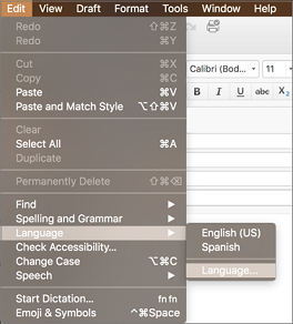 Outlook 2016 for Mac Edit > Language menu
