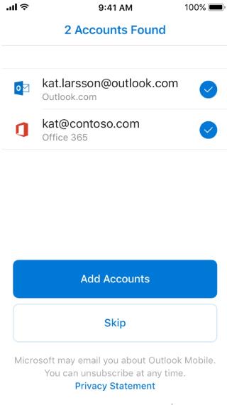 Shows an Outlook screen with two email addresses listed--one thats an Outlook email and one that isnt.