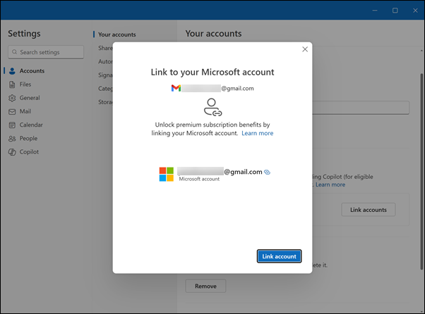 Outlook link account window