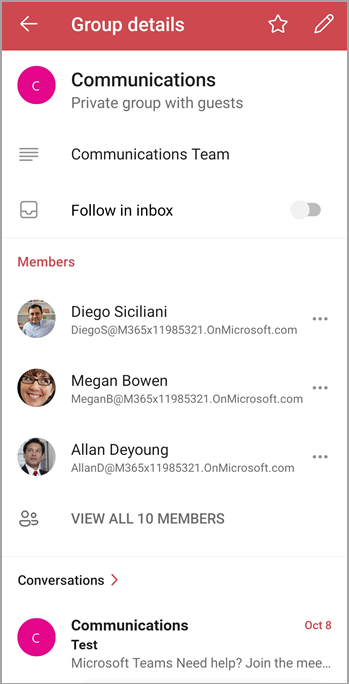 The group details screen shows members, files and has a toggle to follow or unfollow the group’s emails in your personal inbox.