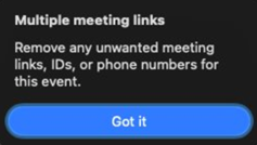 The dialog shown in Outlook on Mac notifying that the event may contain details from more than one meeting provider.