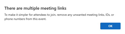 The dialog shown in Outlook on the web and new Outlook on Windows notifying that the event may contain details from more than one meeting provider.