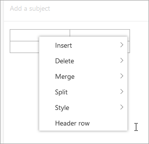 A screenshot of the table context menu