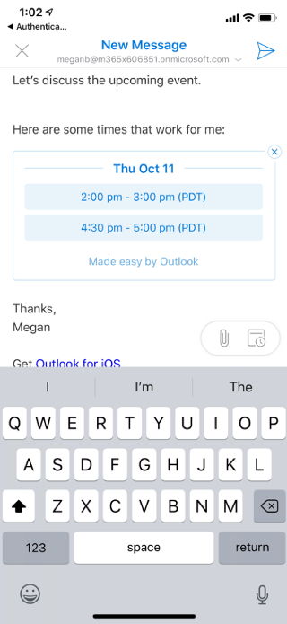 Shows an iOS screen with available times listed in an email draft In the upper left corner, there’s an "X" button.