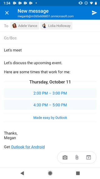 Shows an Android screen with an email draft that has suggested times. There’s an "X" button in the upper left corner.