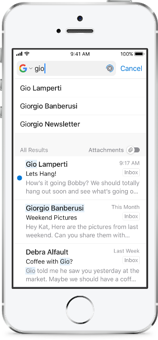 Shows the a mobile screen, with a few letters typed in the Search box and suggestions below it.