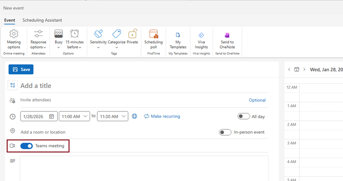 Screenshot of the Teams meeting toggle in the New event window in new Outlook.