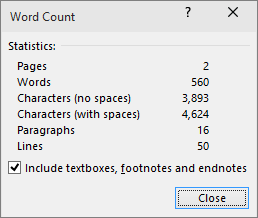 Shows the word count, number of pages in a document.