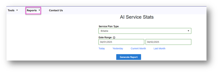 Image shows AI reports Service stats in PIN User portal