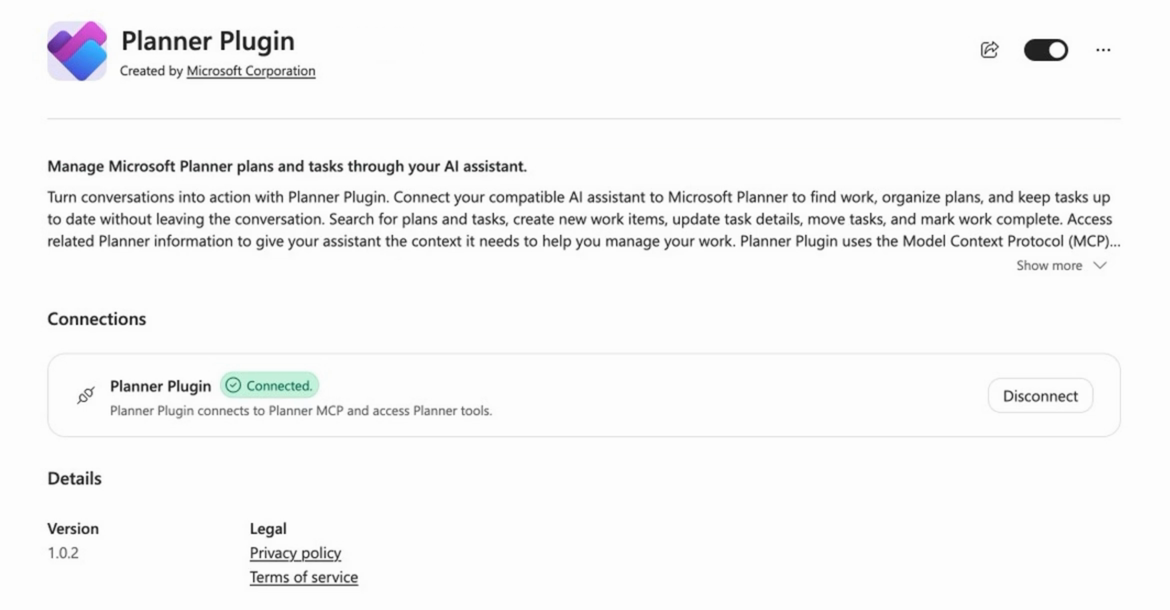 Planner Plugin details page with the toggle on and Planner Plugin showing Connected under Connections.