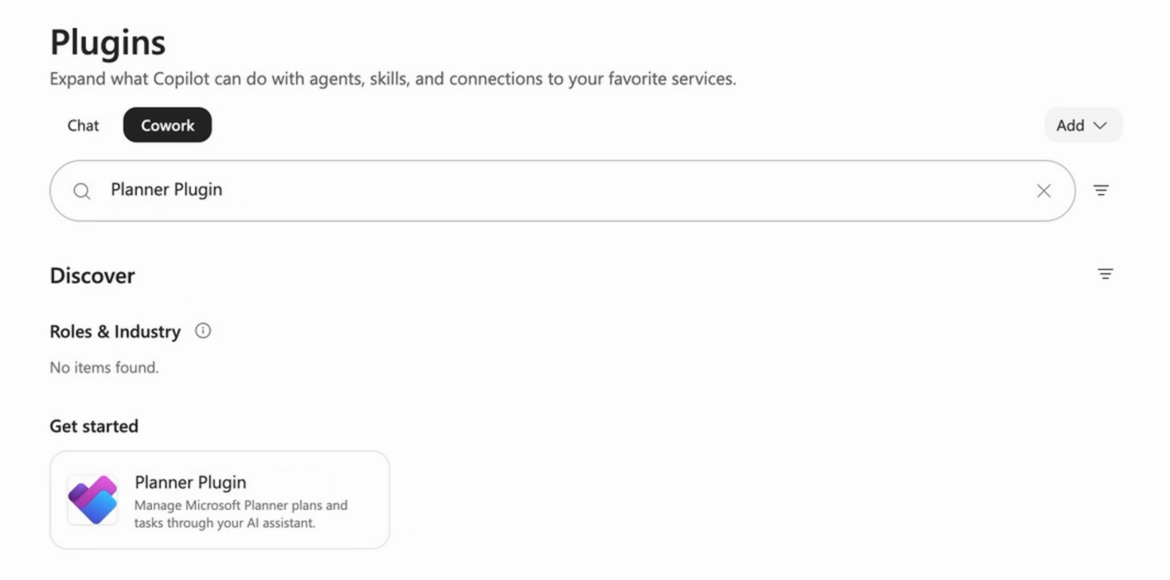 Plugins page in Microsoft Copilot with the Cowork tab selected and the Planner Plugin in the search results.