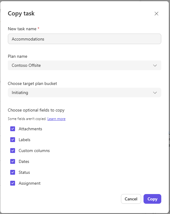 Copy task dialog with destination and optional fields.