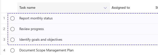 Three selected tasks in Grid view.