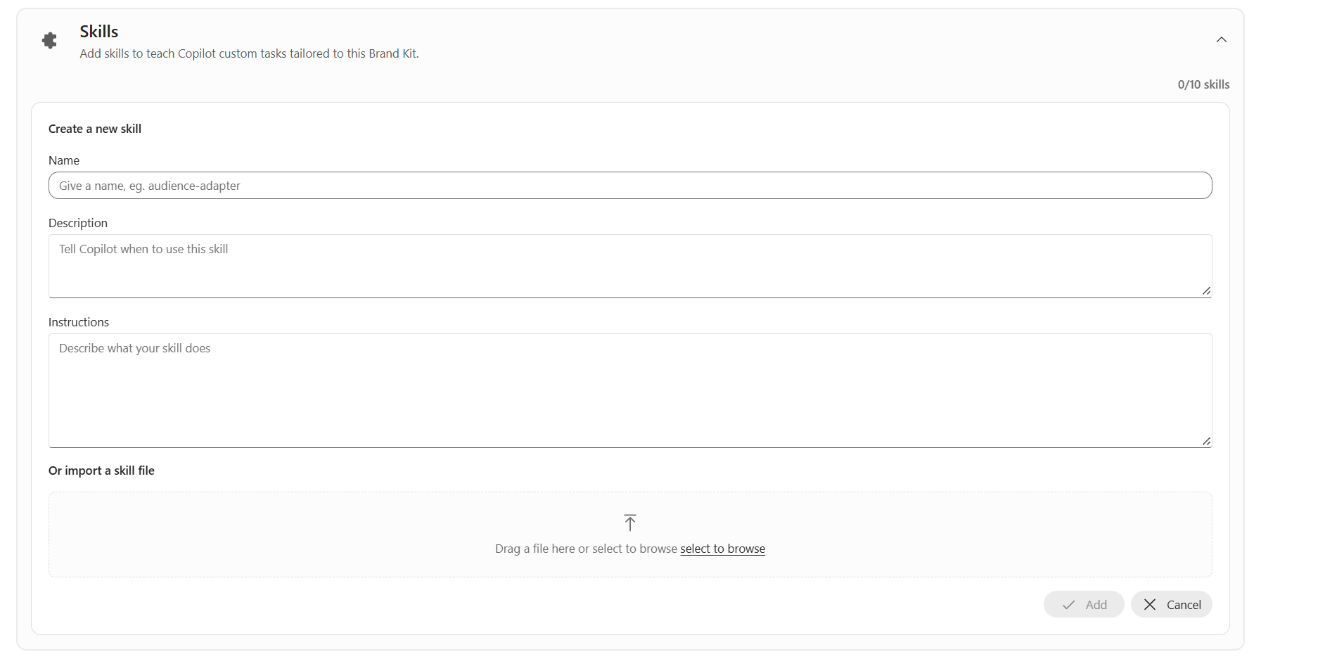 Screenshot showing the Add skill dialog for Brand kit.