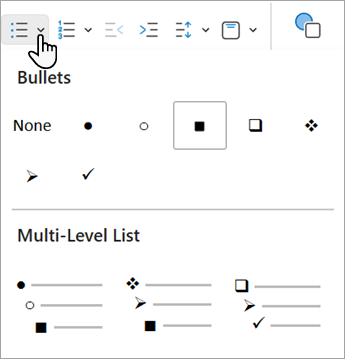 Screenshot showing the various bullet options you can use in PowerPoint for the web.