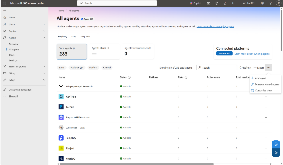 Screenshot that shows selecting Add agent from the All agents page in the Microsoft 365 admin center.