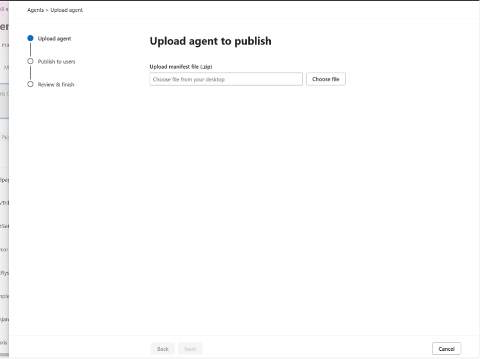 Screenshot that shows uploading a skill package on the Upload agent to publish page.