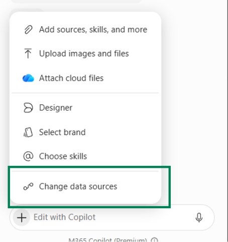 Screenshot that shows selecting Change data sources from the Copilot menu in PowerPoint.