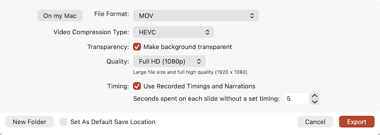 Screenshot of Export as Video dialog in PowerPoint.