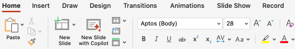 Screenshot of Home tab in PowerPoint.