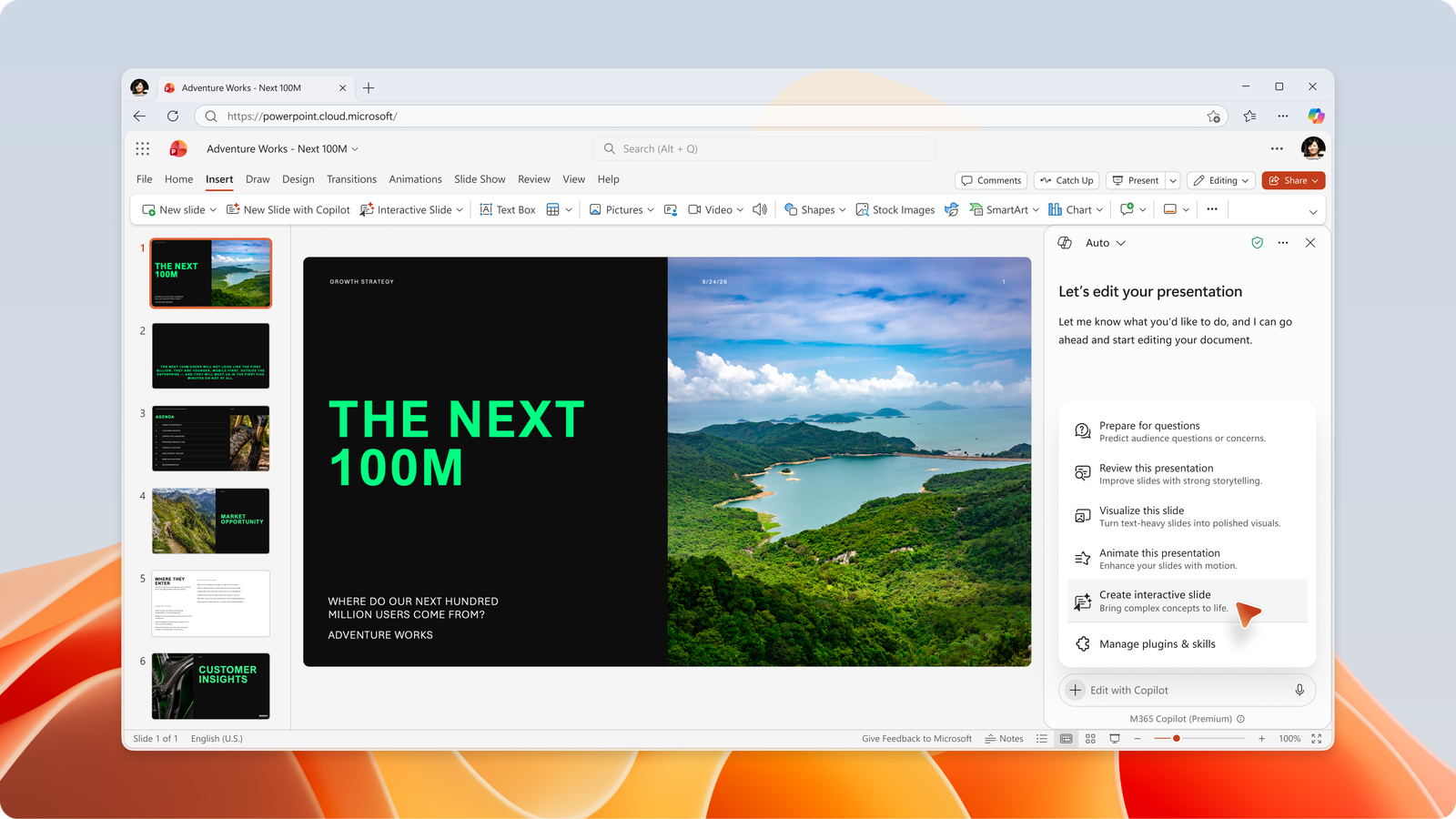 Screenshot showing PowerPoint for the web with the Copilot pane open and Create interactive slide selected in the skill picker.