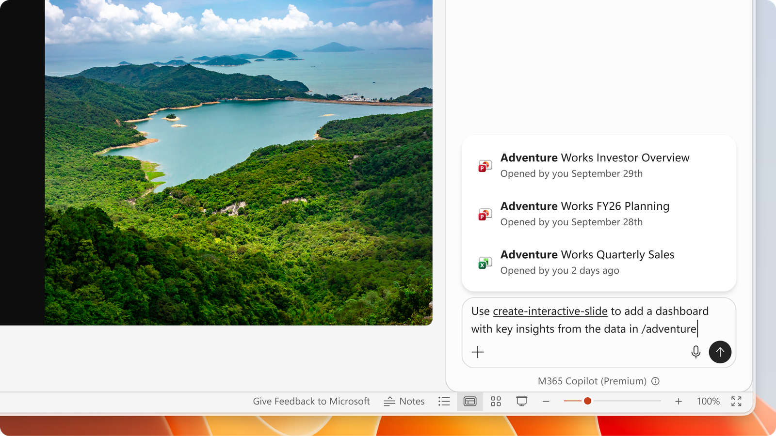 Screenshot showing a Copilot prompt in PowerPoint that references an Excel workbook from the Work IQ file picker to create an interactive dashboard slide.