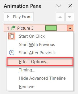 Where to find Effect Options on the Animation Pane.
