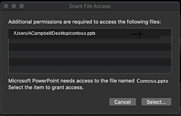 A dialog box showing the Mac OS requiring additional permissions to access a file.