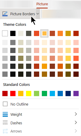 The Picture Borders menu has options for color, thickness, and line style.
