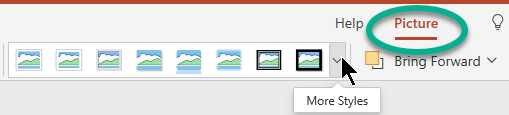 The Picture tab on the Ribbon is available when a picture is selected on the slide.