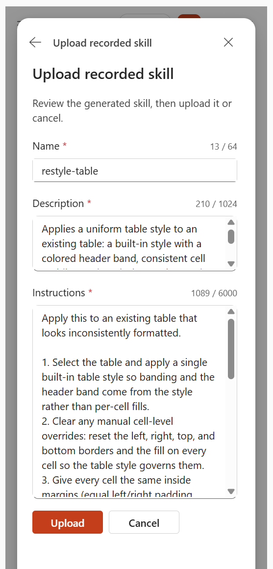 Screenshot that shows reviewing the generated skill name, description, and instructions before upload.