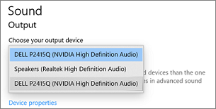 Example of how your output device list can look if two different audio speakers have the same name.