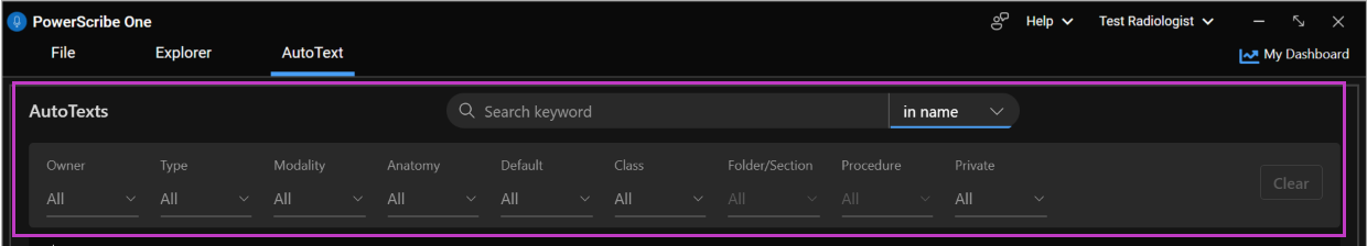 Image highlighting AutoText search keywords and filters.