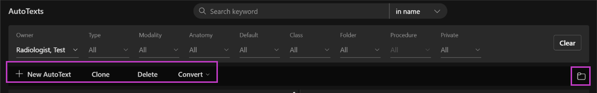 Image displaying tools to help manage AutoText in AutoText Editor.