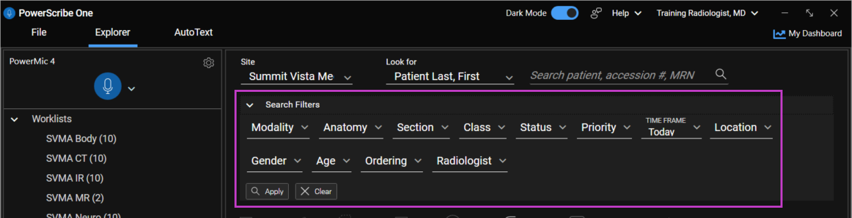 Image highlighting the quick search and filters available in the Explorer screen.