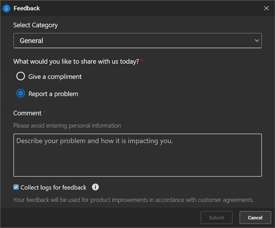 Screenshot that shows the Feedback dialog with Report a problem selected and diagnostic log collection enabled.