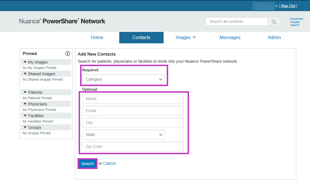 The image displays a user interface for Nuance® PowerShare, with tabs for contacts, images, and messages, and fields for searching and adding new contacts. AI-generated content may be incorrect.