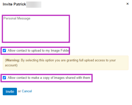 The image shows a user interface with an invitation to contact someone named Patrick, including options to allow him to upload images to the user's account and to make copies of shared images. AI-generated content may be incorrect.