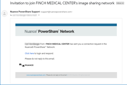The image displays a notification from FINCH MEDICAL CENTER inviting the user to join their Nuance PowerShare network, with a link to log in and accept the connection request. AI-generated content may be incorrect.