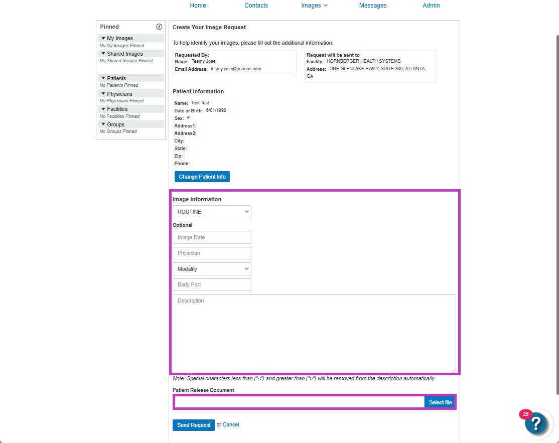 Screenshot of Create Your Image Request page with Image Information and Patient Release Document sections highlighted.