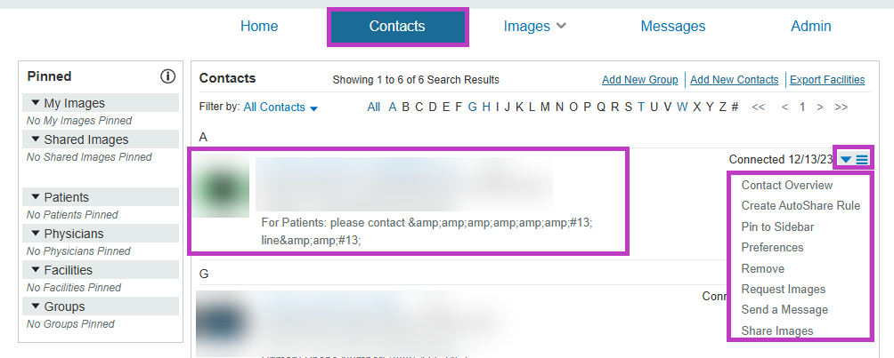 The image is a contact management page with a list of contacts, messages, and images, including options to pin, export, and share. AI-generated content may be incorrect.