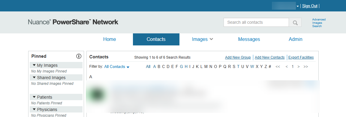 Screenshot of Nuance PowerShare Network Contacts tab with search bar, alphabetical filters, and Pinned images panel.