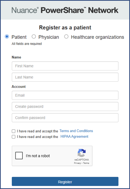 Screenshot of Nuance PowerShare Network patient registration form with name, account fields, agreements, and CAPTCHA.
