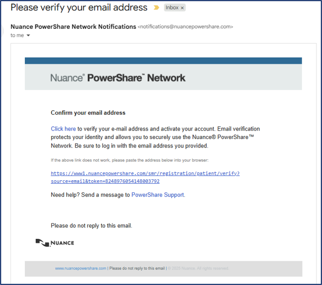 Screenshot of Nuance PowerShare Network email asking to confirm your email address with a verification link.