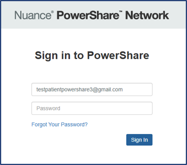 Screenshot of PowerShare sign-in page with email and password fields and a Sign In button.